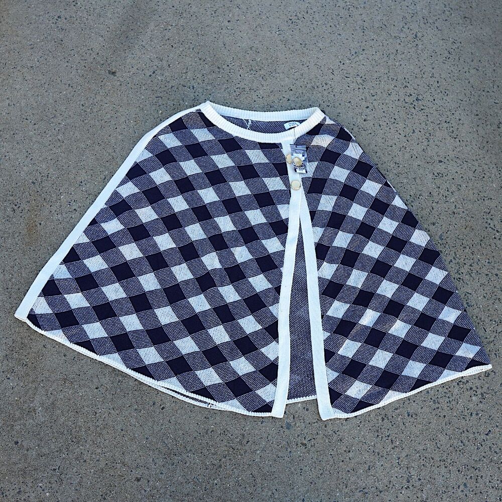 Crown Ivy Navy Blue White Check Knit Poncho Cape Sweater NWT One Size Layering